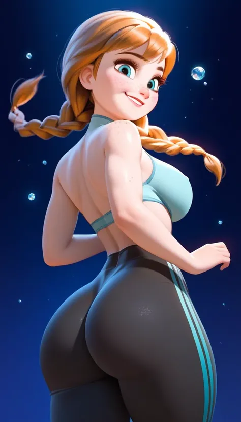 score_9,score_8_up,score_7_up,score_6_up,score_5_up,score_4_up,1girl, (anna frozen, twin braids), cute smile, freckles,athletic body, juicy ass, bubble butt, black tight pants, breast focus, big breasts, in dark room, sexy pose