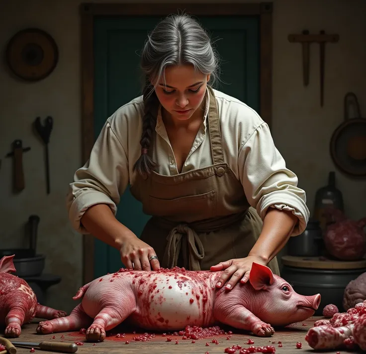 Lady butchering pig 