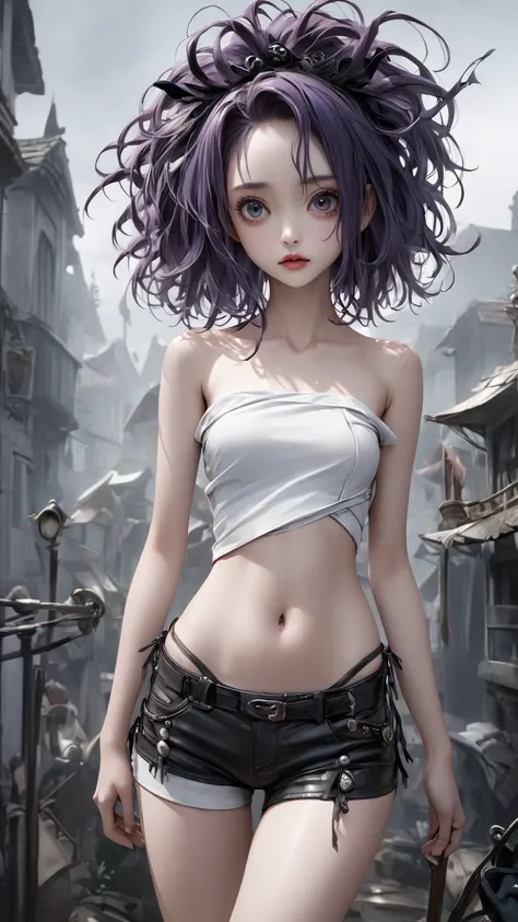   Tim Burton's style、  hot pants、clavicle、 extremely realistic 、