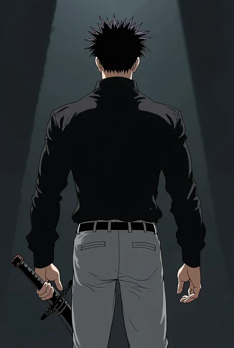 Create a picture of anime character black hair white skin young age 21 years old wearing white trousers and black shirt facing other side holding a scary sword and light evil smile facing other side dark background facing backward and powerful physique mas...