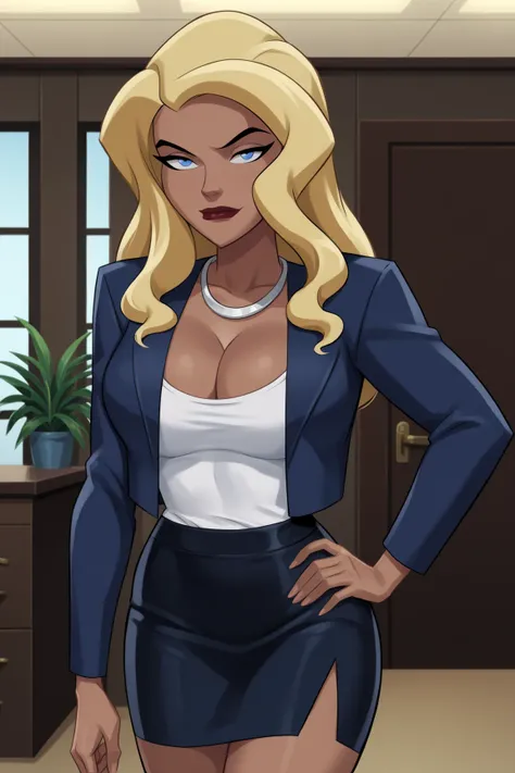 PonyXLV6_Scores BREAK ((parody), perfect anatomy, perfect eyes, cowboy shot) BREAK dinah lance, solo, long hair, blond hair, blue eyes, dark-skinned female, flirting, raised eyebrow, ((looking at viewer)), jewelry, necklace, cleavage, suit, jacket, shirt, ...