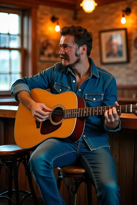 Homme jouant de la guitare acoustique dans un vieux bar américain avec écrit en bas de l'image Phil, couleur bleu jean 