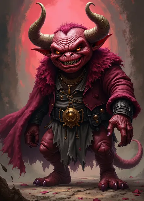 a mystical illustration of a goblin named Krenko the leader of the mob. It's a Noble Ruby Goblin, Big enough to be a goblin, and robust , but with a noble bearing and with an intelligent look while smiling diabolically