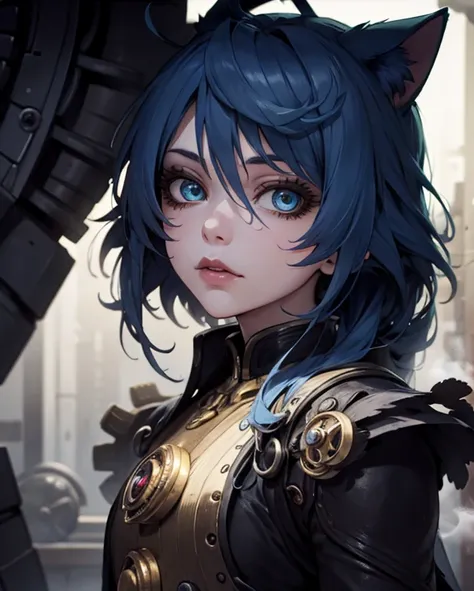 1girl, blue hair, nekomimi, messy hair, wink, steampunk, beautiful detailed eyes, beautiful detailed lips, extremely detailed eyes and face, long eyelashes, intricate mechanical gears, brass and copper details, steam punk fashion, detailed machinery, cogs ...