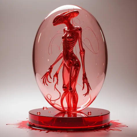 Alien creature glass transparent sculpture statue on podium wet ink dripping art red color minimalist sculptural high detail