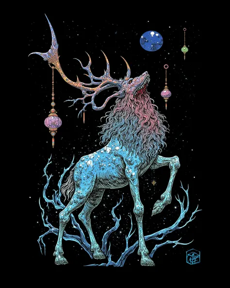  An animal spirit walking on four legs similar to the figure of an elk ,Princess Mononoke's"There was a figure of the god Shishi "See , A spiritual elk flies through the sky and screams ,動物霊の頭から角のMr.な木が芽生える,Neon white and neon light blue light envelop anim...