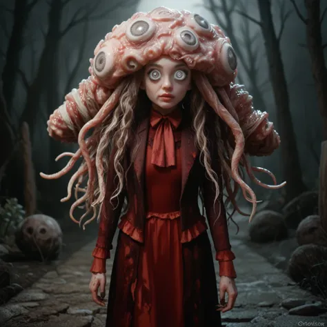  1 girl, Alone, Winter Lanterns ,  horror (theme),  Extra Eyes,  monsters,  Mysterious Monsters ,   Tentacles  ,  look at the viewers, bandage,  long hair,  multi-eyes , eldritch  horror, Curly Hair,  red dress