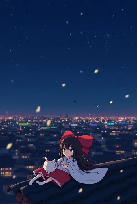  Generated image 。Quiet night sky ， A Japanese girl ， with a big red bow on her head ， has a little white cat beside her 。 Neon lights in the distance ，Shuixiang Ancient Town Style， lying on the roof ，Enjoying the gentle breeze。Petals fall in the air。