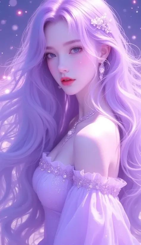 A young girl with long purple hair , wearing a light purple dress with shining accents.  The background is a night beach with purple neon elements and soft light that gives it a futuristic and magical feel.  Her facial expression is soft but mysterious , w...