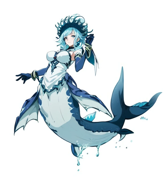  anime girl in a white dress ,  riding a shark with a sword, anthropomorpher Hai, Us,  hammershark-human hybrid ,  lamia, Us one piece, anime monster girls, Us from one piece,  aquatic life , shirabii, Meerjungfrau,  snake-like water monster ,  water demon...