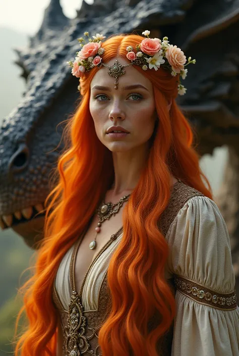 Queen with long hair in the color orange, flowers in the hair, daenerys targaryen style, with a big ferocious dragon on the side 