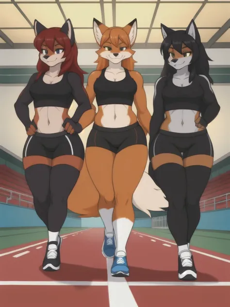 Furry, fox, wolf, girls, female, friends, trio, competition, black shirt, black spandex bike shorts, shoes, indoor running track, competition, full body