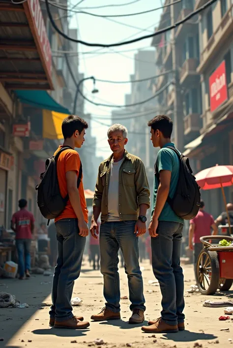 A man talking to two street ren 