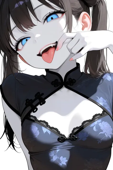 (Best Quality, Background Detail), Best Quality, Original Detail Dynamic Art, Anatomically Correct, Tongue Out, Blue Eyes, Aside, One Girl, Provocative Gaze, Evil Smile, (White Skin), Twin Tails, Dark Hair, (Black China Dress), (Shading), Bad Girl,. ((sexy...