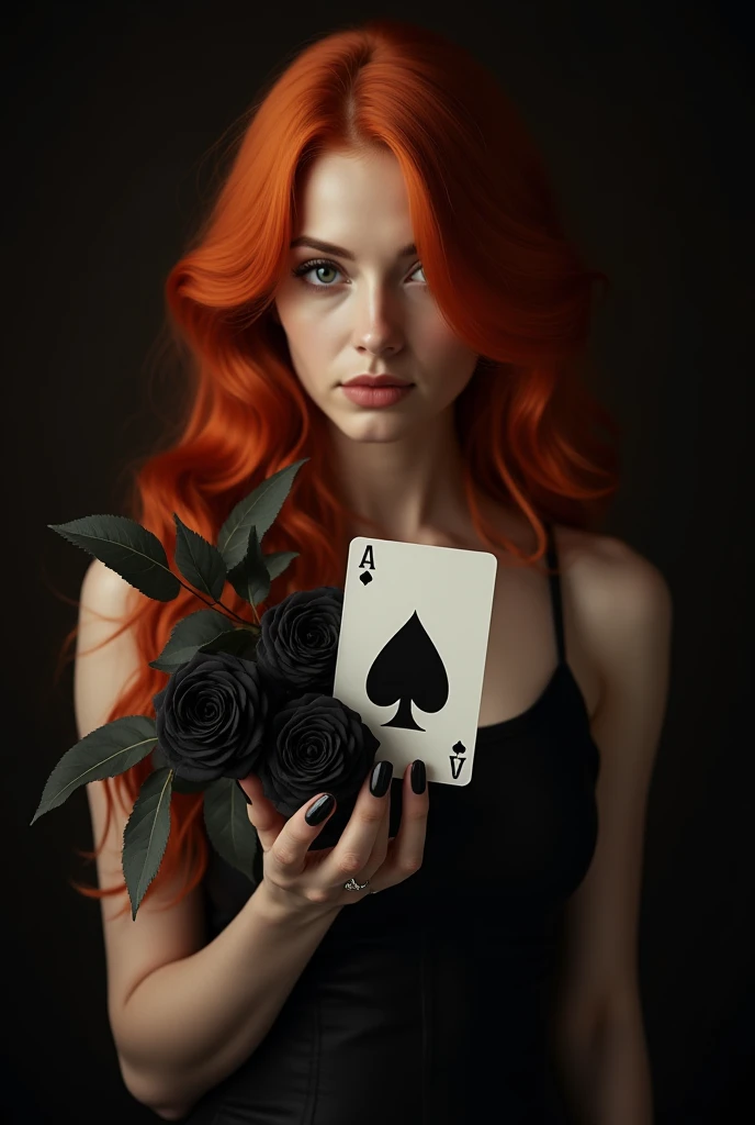 Femme avec des cheveux route dans une carte de blackjack le pique  avec des rose noir dans la main