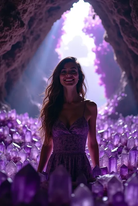 Create a realistic photo ,  full of details and details in high quality .  At the very top of the photo put the inscription NINECOMET .  In the photo there is supposed to be a cave full of large amethyst crystals,  in the middle of the cave beautiful woman...