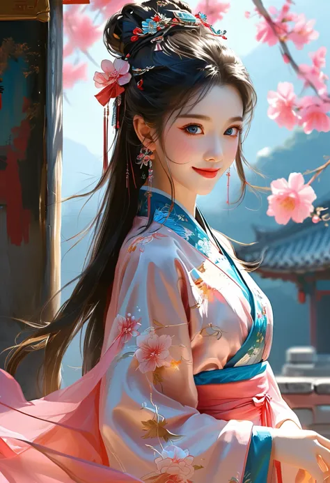  best quality,  masterpiece, alta resolución, 1 girl, ancient Chinese pink dress, Beautiful face, Ancient Chinese clothing, bow without the original image , elegant, noble, corona, thin leg, had a,  hair accessory , Alone ,  looking at the spectator,  smil...