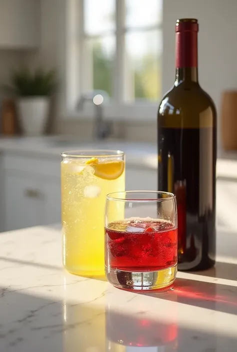 Create the up-close image of a glass of lemon lemonade in a glass cup and a glass of red wine on top of a white marble countertop of a modern kitchen in white tones, Night light