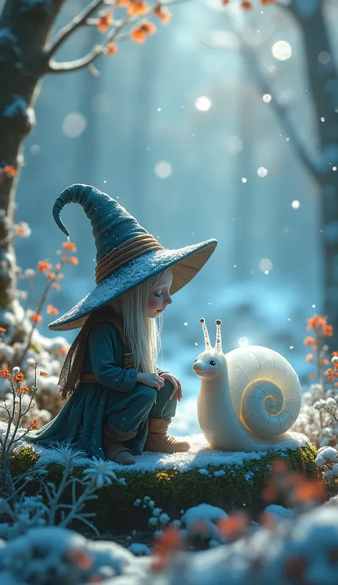 A ice wizard kneels next to his familiar, which is a magical ice snail with white skin and glowing blue crystalline shell, the wizard uses the snail like a pack animal to carry things long distance, the wizard consols the upset and tired snail, fantasy, sn...