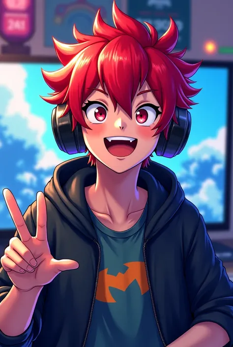 20-year-old gamer boy with red and cheerful hair from the anime genre 