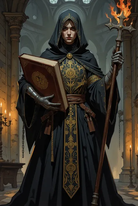 "A stern and imposing medieval inquisitor woman, dressed in a dark, flowing robe adorned with intricate gold embroidery symbolizing divine authority. She wears a high, pointed hood partially shadowing his severe expression, with piercing eyes that seem to ...