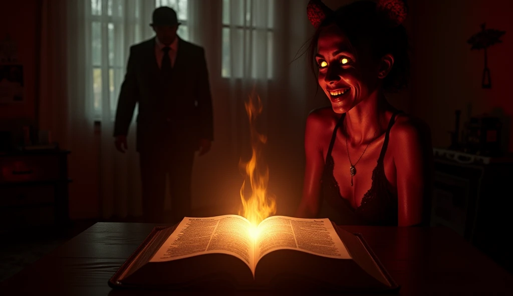 "A dark and mysterious scene featuring a dark room illuminated by pale light from a half-open window. A demonic female figure (representing a succubus) appears partially in shadow, with glowing eyes and a sinister smile, while a shadowy male presence (repr...