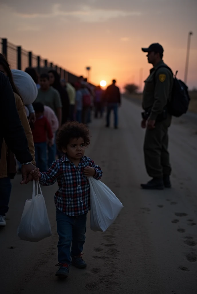 A powerful, narrative-style documentary photo capturing the human side of deportation. The scene features a dimly lit border crossing at dawn, with a line of migrants walking slowly, carrying belongings in plastic bags and backpacks. In the foreground, a y...