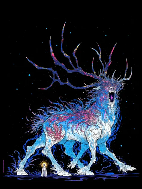  An animal spirit walking on four legs similar to the figure of an elk ,Princess Mononoke's"There was a figure of the god Shishi "See , A spiritual elk flies through the sky and screams ,動物霊の頭から角のMr.な木が芽生える, Neon white and neon light blue light envelops th...