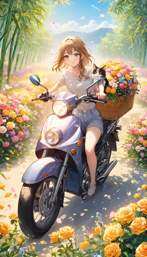 sea of flowers/Sea of flowers/sea of flowers.The wind blows the rose field.spring field scenery.Close-up of beautiful girl riding motorcycle with cat.There are flowers and kittens in the bamboo basket in front of the car.The background is a large colorful ...