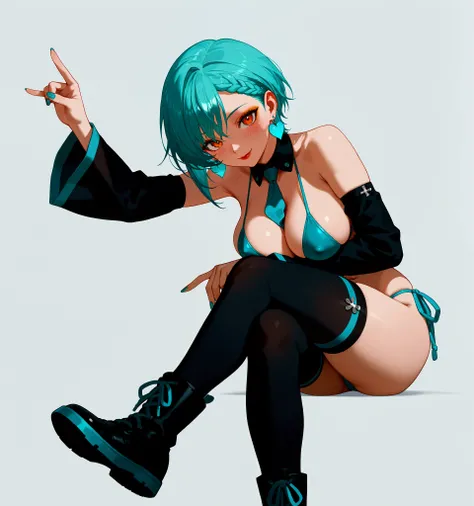 1girl, (best quality), 8k, masterpiece, aqua hair, short hair, braided bangs hairstyle, calm, BREAK, orange_eyes, golden eyeshadow, red lips, earrings medium breasts, 1girl aqua_bikini aqua_nails aqua_necktie between_breasts bikini black_footwear black_sle...