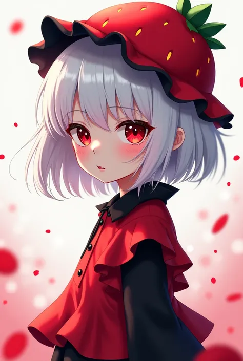 A human girl girl with white hair, pale skin and red eyes red oxxo blouse with long black sleeves anime with a strawberry hat