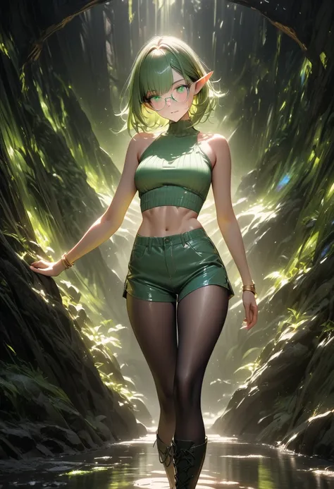 ultra detailed, absolutely resolution, masterpiece. 
intelligent beauty elf, long thick green eyelashes, captivating green eyes, green short wolf cut, sexy beauty expression, lewd great body proportion, abs. 
square silver-rimmed glasses, wearing green sle...