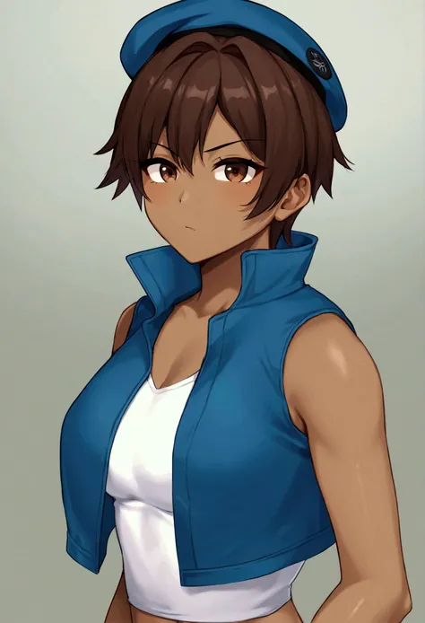 A tomboy with short brown hair, wearing a blue beret, with dark skin, in a blue jacket, with brown eyes, highly detailed, high resolution illustration, fine detail