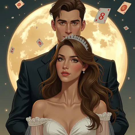 A man with short brown hair with a wedding suit behind him, a card of spades and the number displayed on it. ,  card flies behind him and in front of him a woman with long brown hair wearing a silver tiara with a white wedding dress , Behind her a half moo...