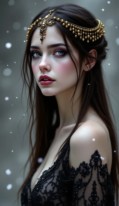 This is a highly detailed digital painting featuring a young woman with a strikingly ethereal appearance. She has fair skin, delicate facial features, and long, dark brown hair cascading around her shoulders. Her eyes are a captivating shade of purple, fra...