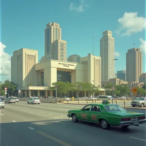 The image shows a cityscape featuring a large Brazilian modernism building identified as a train station, probably "Nasub Station" due to the inscription visible on its façade. In front of the station, there is a busy street with cars passing by, including...