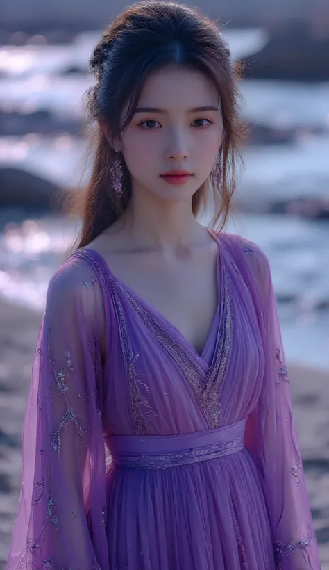 A young girl with long purple hair , wearing a plum-purple dress with shining accents.  The background is a night beach with purple neon elements and soft light that gives it a futuristic and magical feel.  Her facial expression is soft but mysterious , wi...