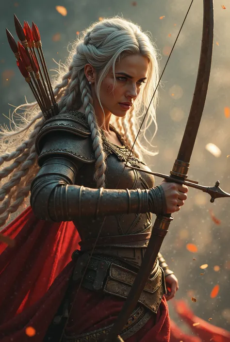 Photorealistic image of a warrior princess in iconic attack stance, swinging bow of arrows in angry expression (Oscillating sword:1.8),  perfect proportional anatomy , long silver hair with multiple braids, tightening glowing war bow protecting her head, R...