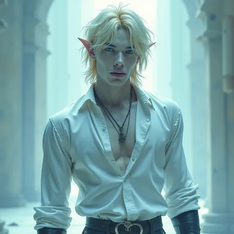 Blue tinged pale skin, blue-black eyes, male, blonde messy shoulder lenght wavy hair, muscular, pointed ears, wearing a white long sleeved shirt with pantsand steel tipped boots