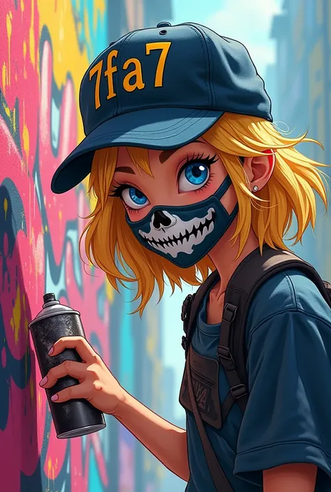 Graffiti personnage animé feminin  blonde petite taille look hip hop,casquette mimir 7fa7 ercris dessus,yeux bleus sous un masque tete de mort ,qui peint un graffiti avec une bombe aerosol qui coule
