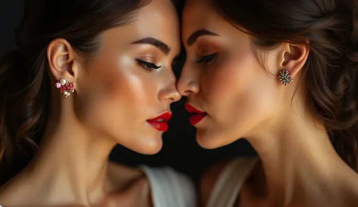 " A close-up of two elegantly made-up women in an intimate and sensual moment .  Both have flawless skin and lips marked by vibrant red lipstick . The woman on the left appears to be 48 years old and is leaning toward the other woman who appears to be 22 y...