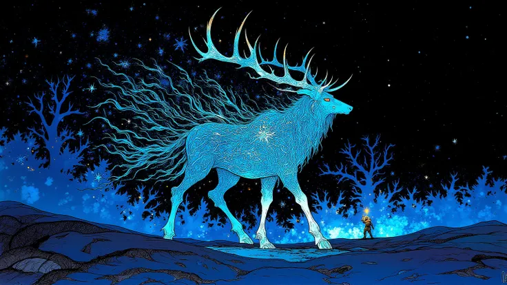  An animal spirit walking on four legs similar to the figure of an elk ,Princess Mononoke's"There was a figure of the god Shishi "See , A spiritual elk flies through the sky and screams ,動物霊の頭から角のMr.な木が芽生える,Neon white and neon light blue light envelop anim...