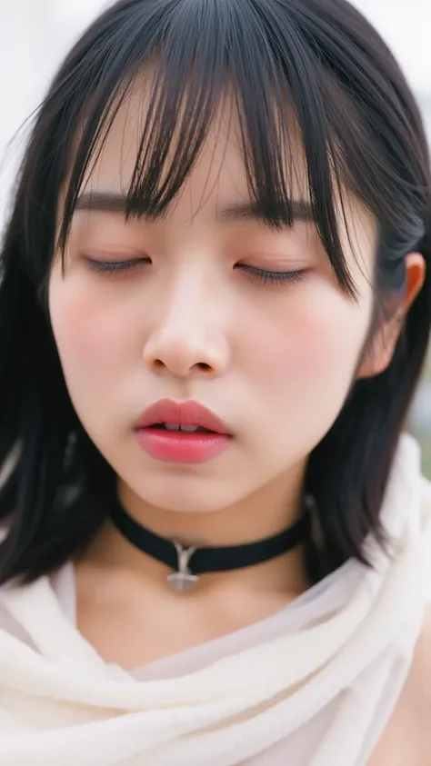 Highest quality,Japanese Idols, bangs、Award-winning photo, Very detailed, Edge Orgasm, Face Focus, (Woman with open mouth and closed eyes ), 18-year-old、 News anchor、Glowing Skin, Black choker,From below、 realistic nostrils 、Browsing Caution,Shortcuts、Big ...