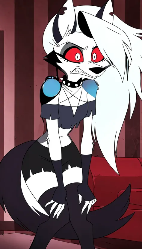 anime screencap, absurdres, high quality, official style, 1girl, solo, loona, \(helluva boss\), loona, long hair, red eyes, animal ears, collarbone, tail, grey hair, wolf ears, claws, wolf tail, furry, colored sclera, furry female, wolf girl, body fur, whi...