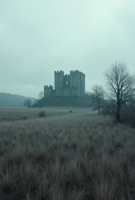 A large field with gray weeds fluttering, with a hill straight ahead. Dry old trees without a single leaf grow sparsely on the field extending into the wilderness. In the very center of the field, there is a huge old castle with a gloomy and gloomy appeara...