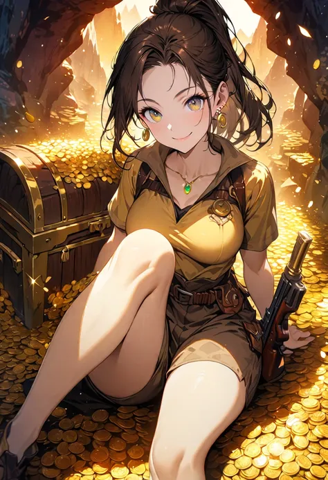 ((Female, Treasure Hunter, Ponytail, Brown Hair, Brown Treasure Hunter Outfit, Smiling, Round Sunglasses, Earrings, Treasure Chest with Various Gems, Mountain of Gold Coins, Sitting on Gold Coins))), (Masterpiece: 1.2, Highest Quality), (Colorful Backgroun...