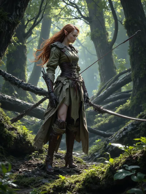 (a female elf, medieval woodland ranger, her stance is poised for battle)