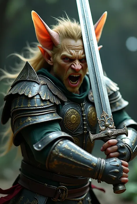 Male Pixie Enraged Warrior,  wearing battle armor,  wielding a sword,  Ultra-detailed,  High quality cutlery,  8k quality,  very detailed face, Cinematic