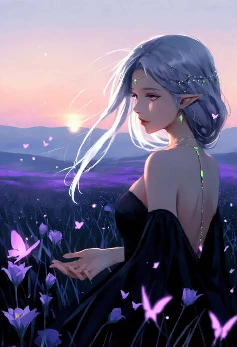 Fluorescent Color, 1 woman,  look to the side , beautiful face, beautiful eyes, (off the shoulder: 1,2),  upper body,  shiny hair ,  glowing skin , elf ears, elven ears , emissões de brilho
 Uma mulher caminhando em um  purple flower field  ao redor de den...
