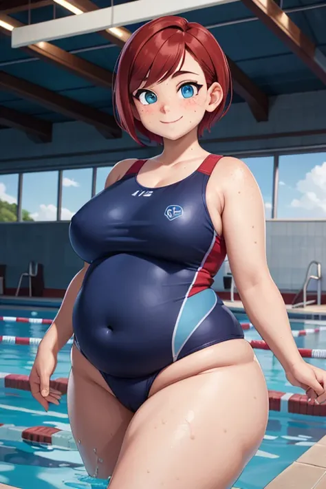 solo, 1girl, short red hair, blue eyes, pale skinned with freckles, wearing a one-piece swimsuit, Chubby, Plump, Fat, Fat Rolls, looking at viewer, smiling, indoor swimming pool
